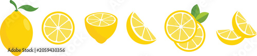 Fotografija Vector Set of Lemons with Slices and Leaves on White Background