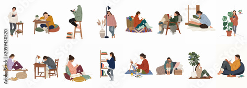 Collection of flat illustrations showing women engaged in various cozy indoor activities like reading, writing, painting, and relaxing in a hygge aesthetic.
