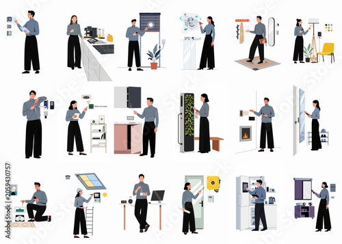 Flat vector illustration set of people using smart home technology and automated devices for modern living and home management.