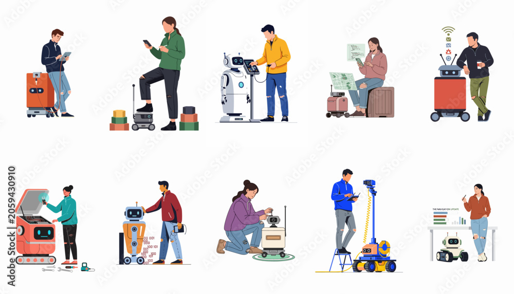 Fototapeta premium Collection of flat illustrations showing people interacting with robots for programming, engineering, maintenance, and everyday assistance in a modern technological setting.