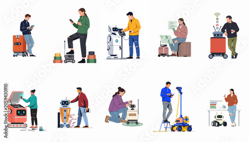 Collection of flat illustrations showing people interacting with robots for programming, engineering, maintenance, and everyday assistance in a modern technological setting.