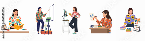 Flat vector illustration set of female teachers conducting online classes, remote learning sessions, and distance education for students using various digital devices.
