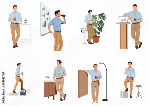 Collection of illustrations featuring a professional man in various office poses, drinking coffee, presenting data, and working in a modern startup environment.