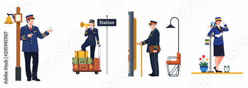 Φωτογραφία Collection of flat vector illustrations featuring railway station employees, conductors, and staff in uniform performing various duties at a train station