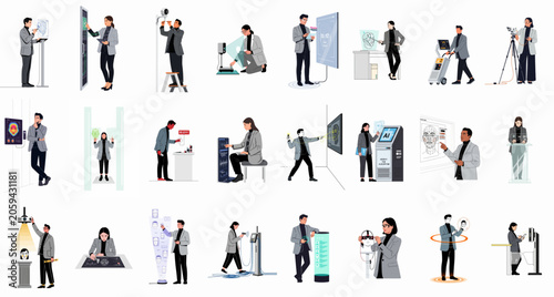 Comprehensive Set of Vector Illustrations Featuring Professionals Using Advanced Biometric Systems, Facial Recognition, and Artificial Intelligence Technology for Security and Data Analysis