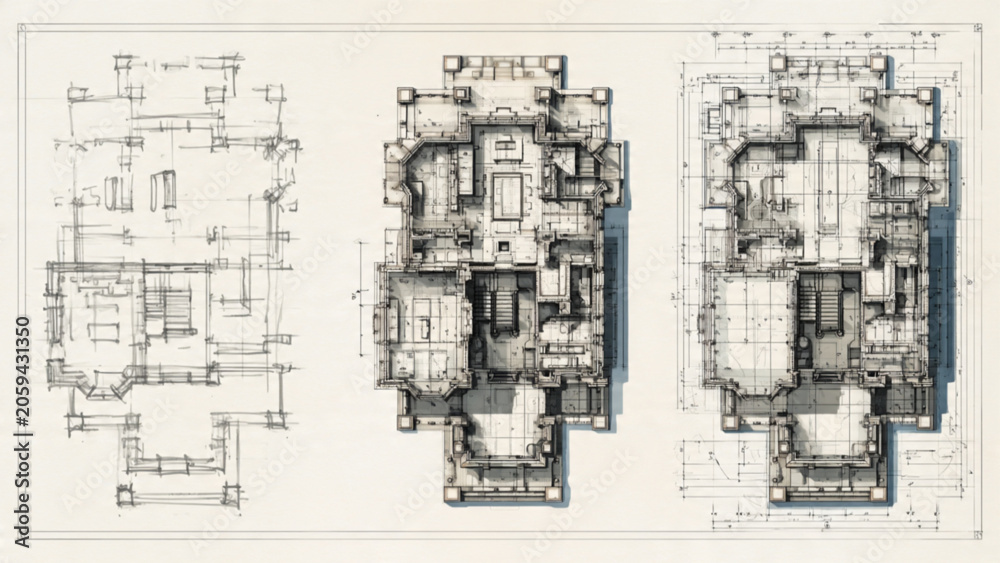 Fototapeta premium architectural blueprint of multi story building with detailed plans and structural drawings