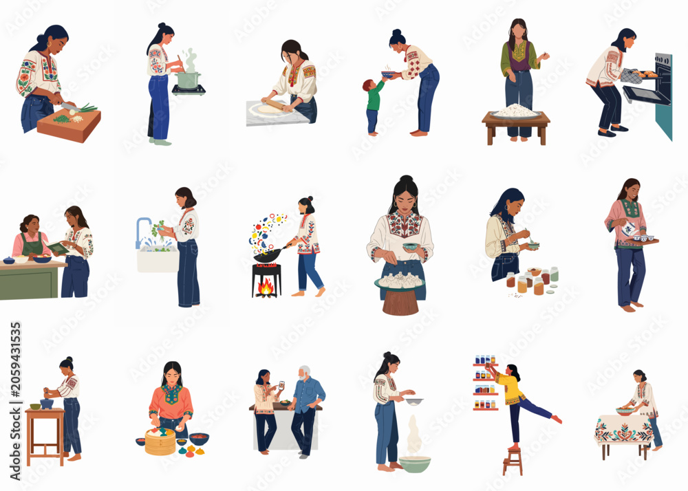 Fototapeta premium Illustrated set of women in traditional attire performing various culinary tasks, including baking, chopping, and preparing traditional dishes in a kitchen setting.