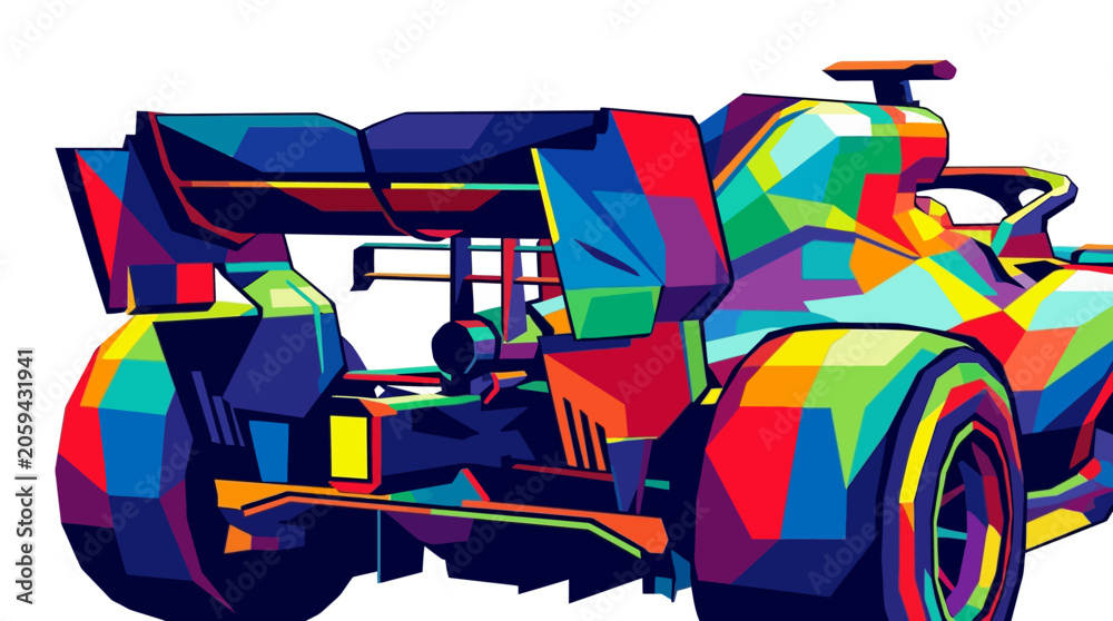 Naklejka premium Geometric pop art style formula one racing vehicle with bright vivid patterns suitable for sportsrelated designs and racingthemed projects.