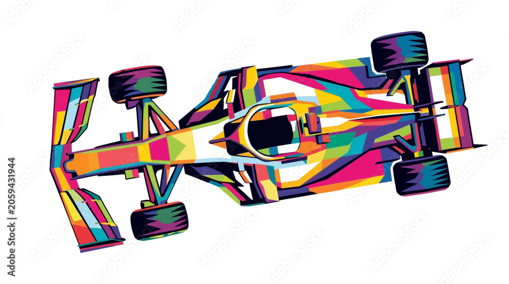 Naklejka premium Formula one racing car illustration in pop art style with a bright and vibrant design. Perfect for sports and automotivethemed projects.