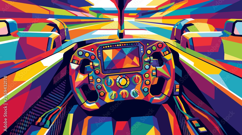 Naklejka premium Geometric abstract art of a formula one cockpit steering wheel interior. Ideal for sports events marketing and graphic design projects.