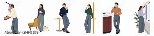 Collection of minimalist flat illustrations of fashionable men and women enjoying coffee in urban, travel, and cafe settings.