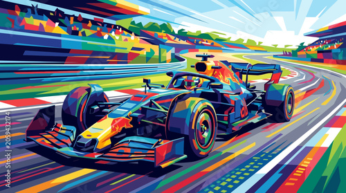Photos Abstract style art of a formula one racing car speeding on a vibrant track with grandstands and spectators