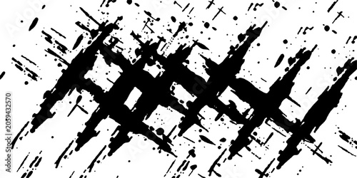 Foto Abstract black ink splatter forming a textured pattern of distressed cross-hatching on a white background, evoking a sense of chaos and artistic expression
