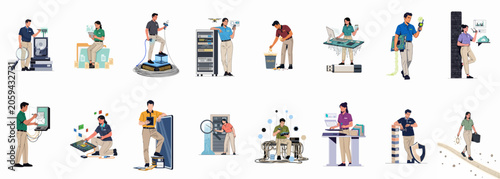 Comprehensive collection of flat vector illustrations depicting IT professionals performing server maintenance, data recovery, hardware repair, and system security management tasks.