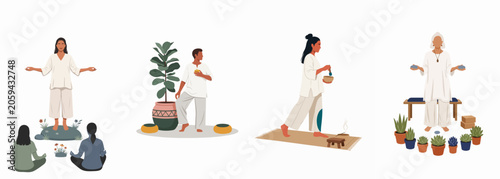 Minimalist flat vector illustrations depicting diverse people practicing meditation, mindfulness, and holistic spiritual wellness activities for mental health and peace.