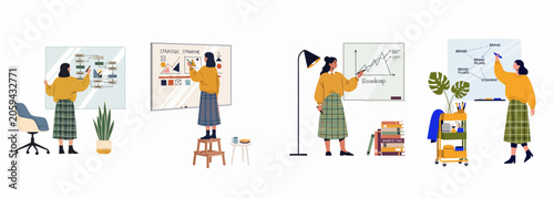 Flat vector illustrations of a professional woman brainstorming, planning business strategies, creating roadmaps, and developing brand pillars on office whiteboards.