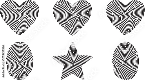 Set of fingerprint icons in different shapes, heart, star and oval, black and white vector illustration for identity and security concepts