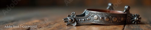 Antique silver spurs with intricate detailing on worn leather straps, leather, equestrian gear