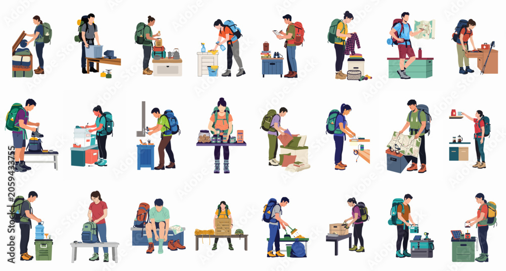 Fototapeta premium Collection of flat vector illustrations of people preparing for hiking, organizing camping gear, packing backpacks, and planning outdoor adventures and trekking trips.