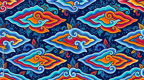 Bild auf Leinwand Vibrant Mega Mendung cloud motif from Cirebon, traditional Indonesian batik pattern, flat vector illustration, shades of blue and white, seamless cultural artwork