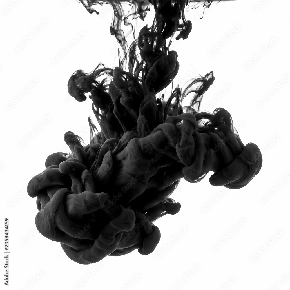 Obraz premium Black ink cloud swirling in clear water forming elegant abstract shapes against white backdrop.