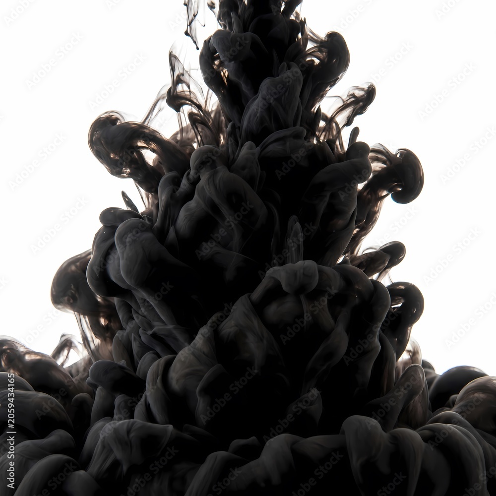 Fototapeta premium Dense black ink plume expanding upwards with complex smoke like textures on white background.