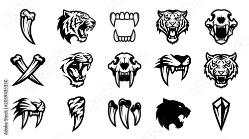 Black and white illustration of various animal icons including bear heads, teeth, and claws.