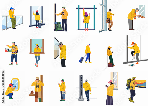 Flat vector illustration set of diverse people wearing yellow jackets engaged in various travel and outdoor activities