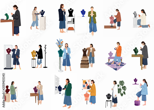 Collection of flat illustrations showing women in a jewelry studio, designing, displaying, and styling various necklaces and accessories in a modern boutique setting.