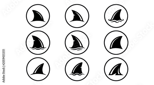 Bild auf Leinwand Eight black shark fin icons in circular frames on white