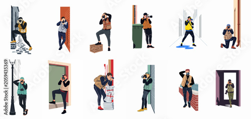 Set of flat vector illustrations featuring paparazzi and professional photographers in various urban scenarios taking candid photos and hiding.