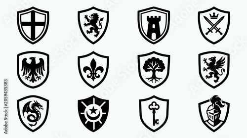 Photos A collection of 12 heraldic shields with various symbols and crests on display