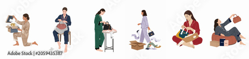 Flat vector illustrations of stylish women in pajamas unboxing and organizing luxury handbags and online shopping deliveries on a white background.