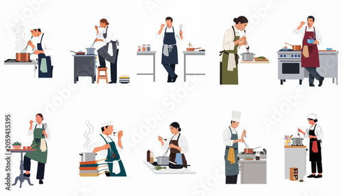 Collection of diverse professional chefs cooking and tasting food in a kitchen, flat vector illustration set isolated on white background.