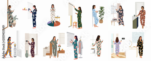 Collection of illustrations showing diverse women in floral pajamas using smart home technology and smartphones in modern home environments.