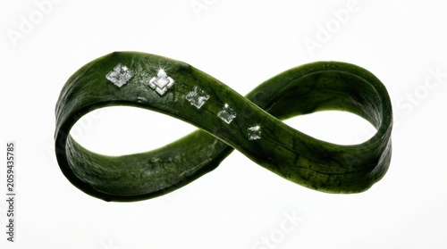 Minimalist Nopal Cactus Pad Ribbon Loop with Sea Salt Crystals Floating on White Background. With copy space.