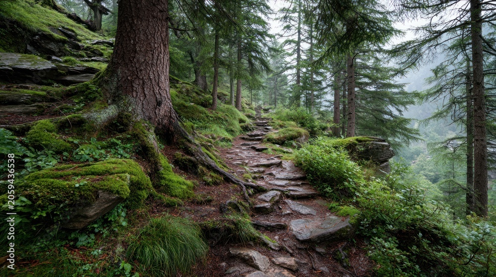 Fototapeta premium Misty mountain path through lush forest