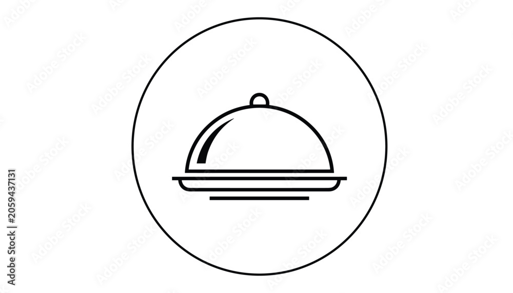 Fototapeta premium Line art food platter cloche icon inside a thin circle, representing restaurant service and fine dining options.