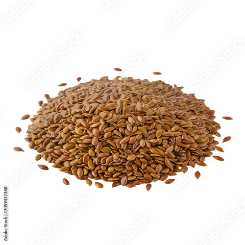 Heap of organic brown flaxseeds isolated on a white background