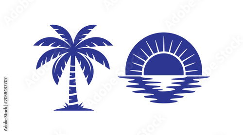 Minimalist blue icon set featuring a palm tree and a sunset over ocean waves tropical minimalist vacation landscape silhouette paradise illustration