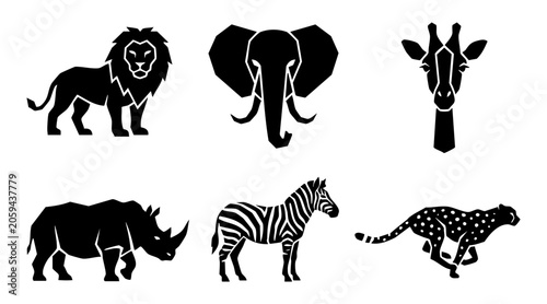 Photography Minimalist black vector graphic set featuring stylized wild African safari anima