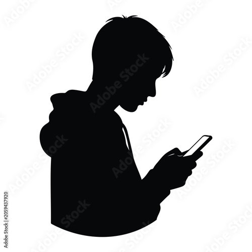 Teenage boy silhouette using smartphone illustration vector graphic.