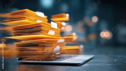 Flying documents above laptop computer