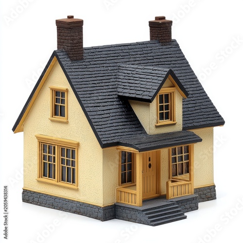 Yellow model house with dark gray roof and stone foundation.