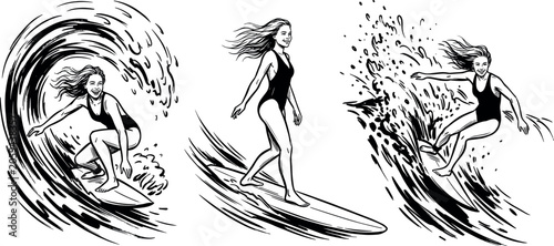 Obraz na płótnie Vintage Hand Drawn Surfing Girl Vector Set with Female Surfer Riding Big Ocean W