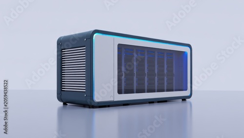 Futuristic data storage server unit with illuminated blue interior and sleek modern design showcasing advanced technology