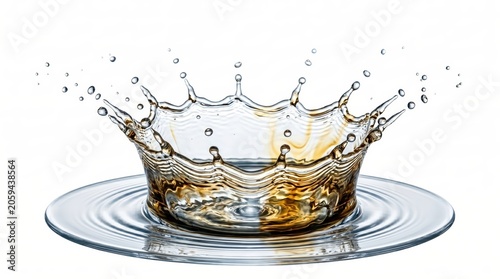 High Speed Photo of Smoked Pine Oil Drop Impacting Glacial Water Isolated. White background with copy space.