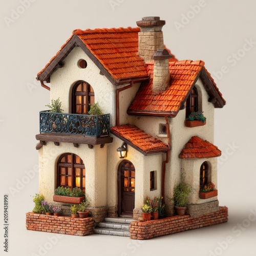 Detailed model of a European-style house with balcony, potted plants, and warm interior lights.