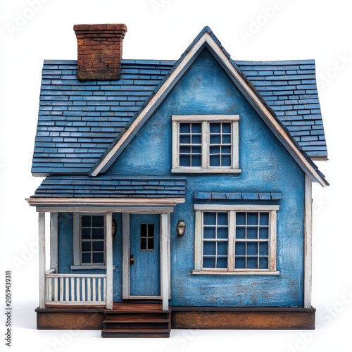 Rustic blue painted cottage style house with weathered wood exterior and chimney.