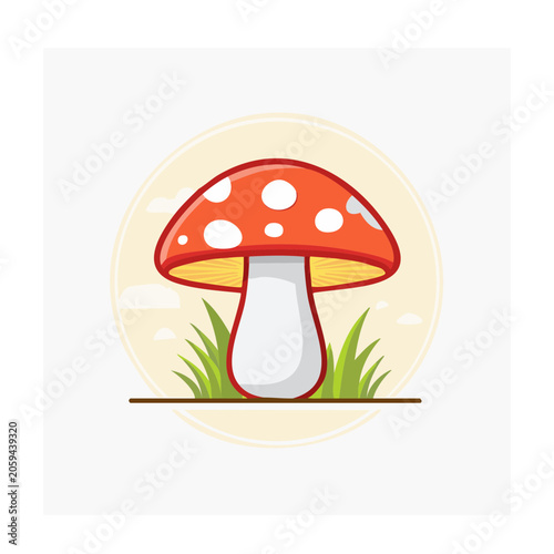Red and white spotted mushroom illustration with grass
